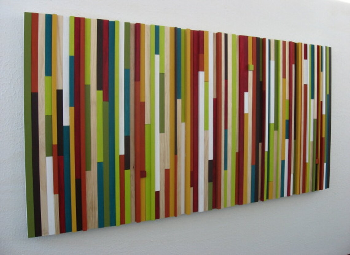 Red, Orange, Green and White Plank Wood Mosaic Wall Decor