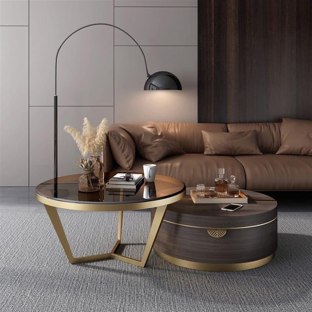 Luxury Modern Round Coffee Table Set with Glass Top & Gold Metal Frame for Living Room