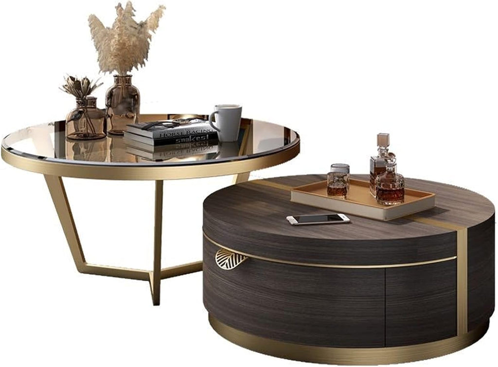 Luxury Modern Round Coffee Table Set with Glass Top & Gold Metal Frame for Living Room