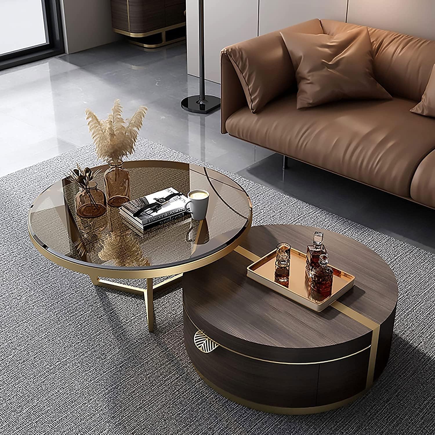 Luxury Modern Round Coffee Table Set with Glass Top & Gold Metal Frame for Living Room