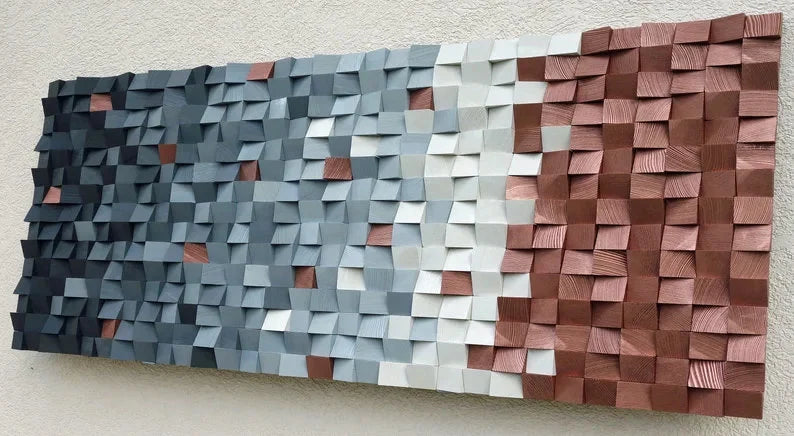 Rustic Copper/Dark Gray and White Wood Mosaic Wall Decor