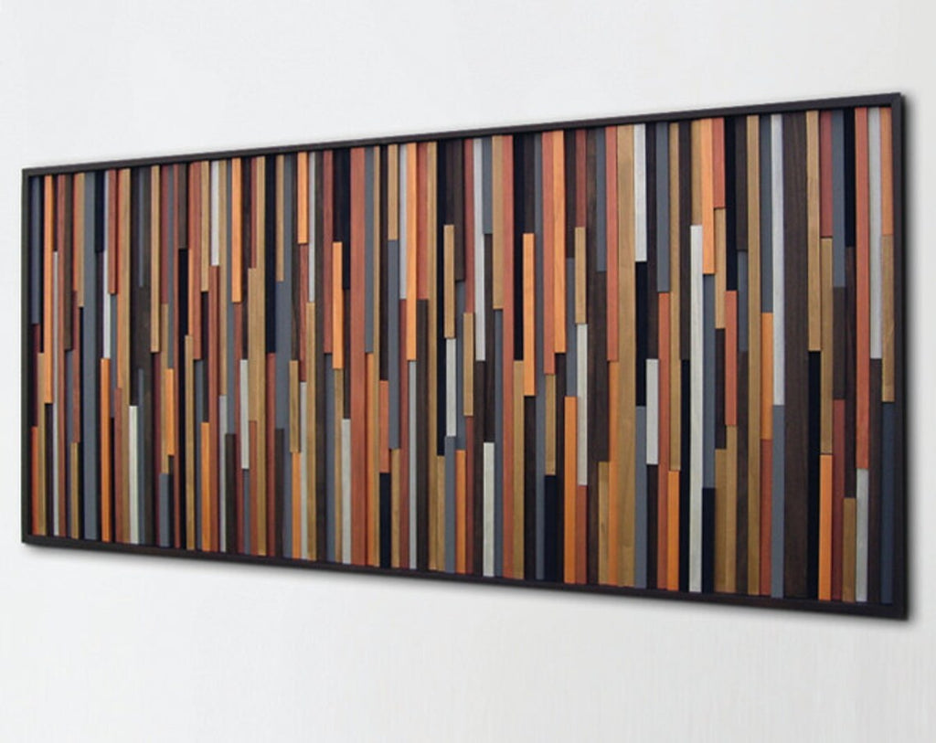 Modern Abstract Sculpture Art Plank Wood Mosaic Wall Decor