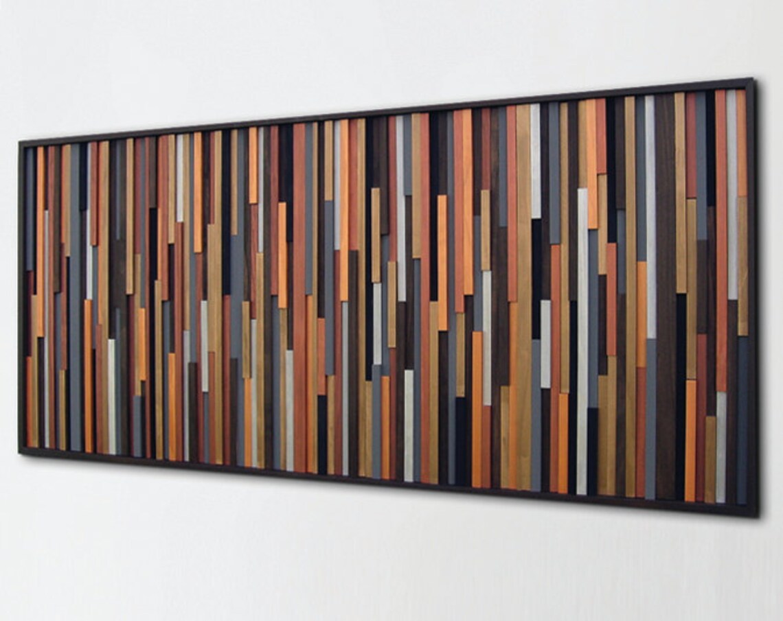 Modern Abstract Sculpture Art Plank Wood Mosaic Wall Decor