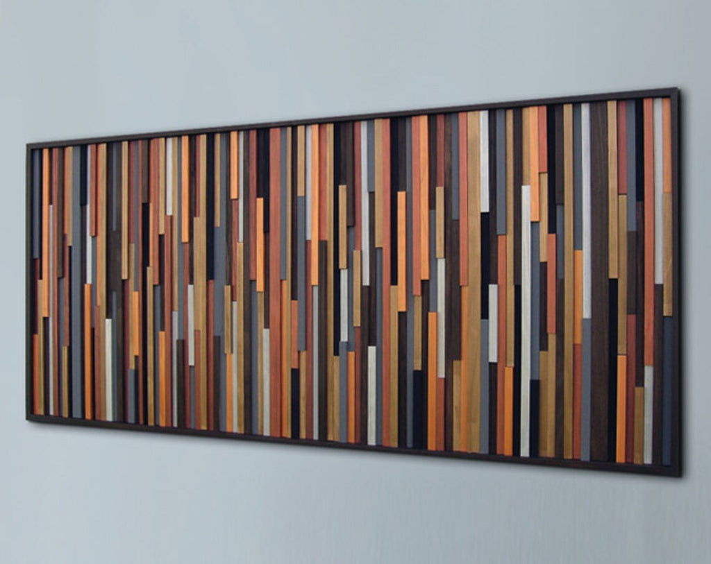 Modern Abstract Sculpture Art Plank Wood Mosaic Wall Decor
