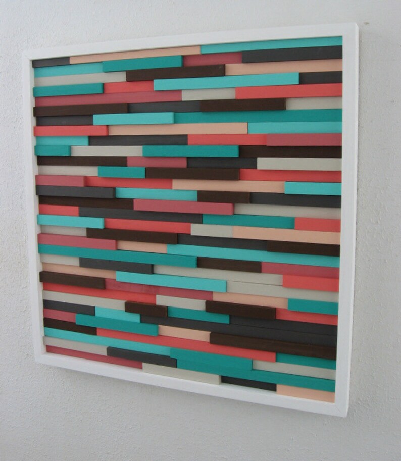 Turquoise and Coral Wood Mosaic Wall Decor