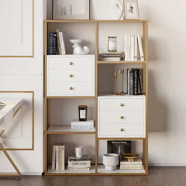 White And Gold Geometric Bookcase 6 Shelves With 6 Drawers Bookshelf
