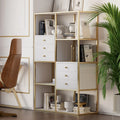 White And Gold Geometric Bookcase 6 Shelves With 6 Drawers Bookshelf