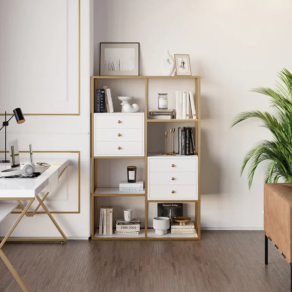 White And Gold Geometric Bookcase 6 Shelves With 6 Drawers Bookshelf