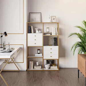 White And Gold Geometric Bookcase 6 Shelves With 6 Drawers Bookshelf