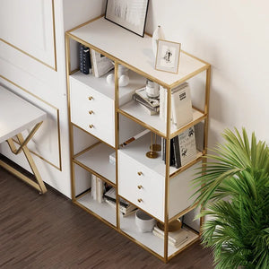 White And Gold Geometric Bookcase 6 Shelves With 6 Drawers Bookshelf