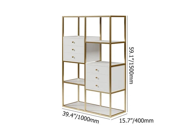White And Gold Geometric Bookcase 6 Shelves With 6 Drawers Bookshelf