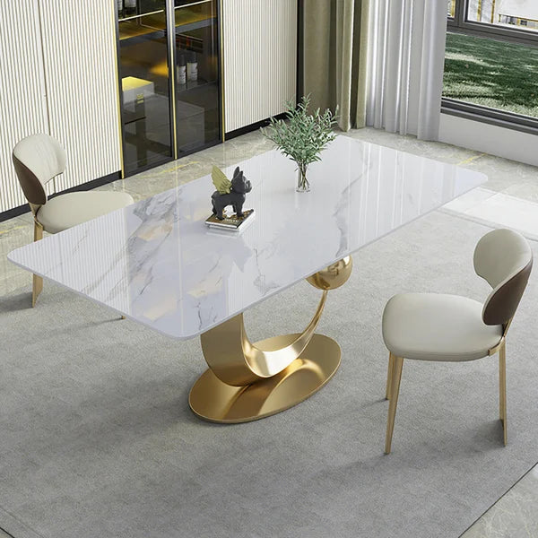 White Rectangular Dining Table Modern Faux Marble Tabletop With Pedestal Base