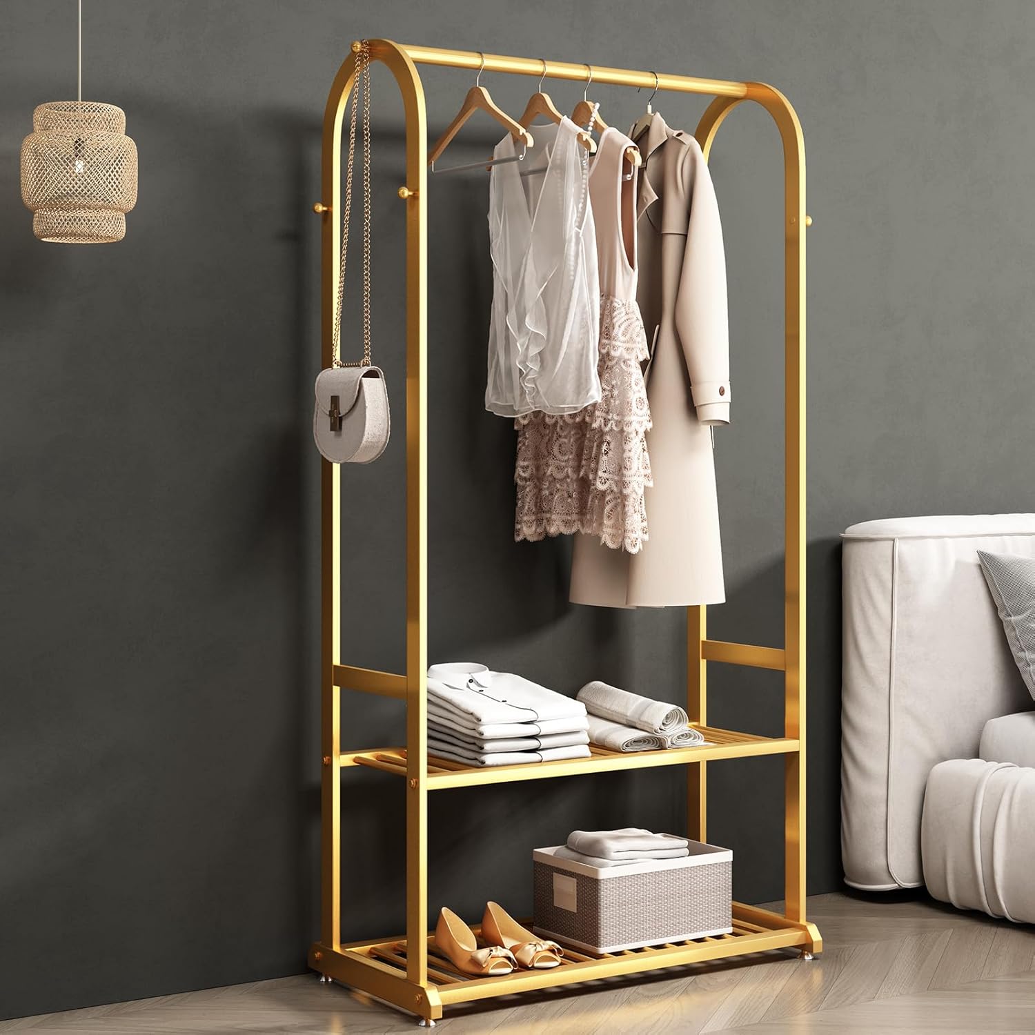 Gorgeous Gold Plated Modern Entryway Clothing Rack With Bottom Storage