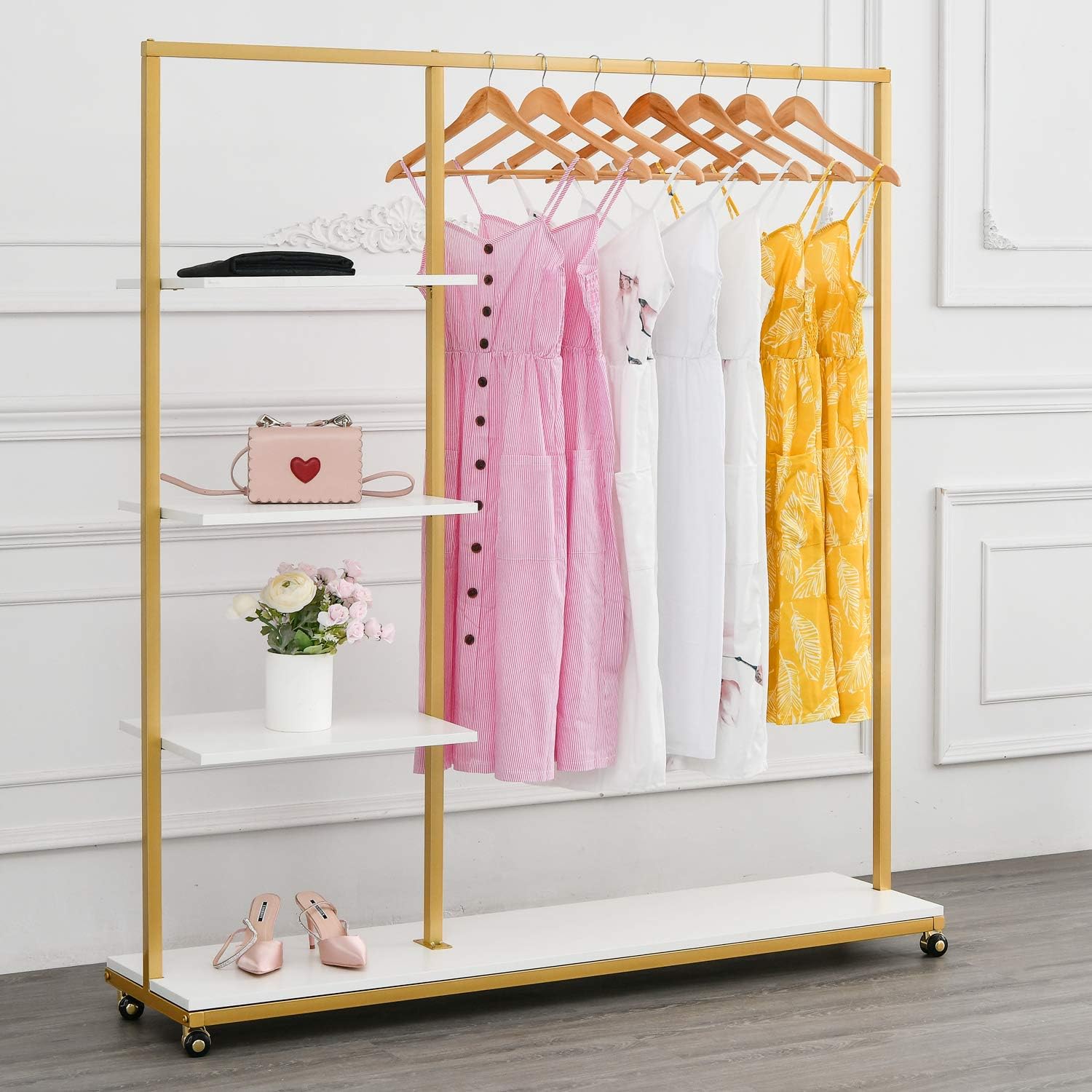 Gold Clothes Racks with 4-Tier Marble Shelves Modern Entryway Clothing Rack