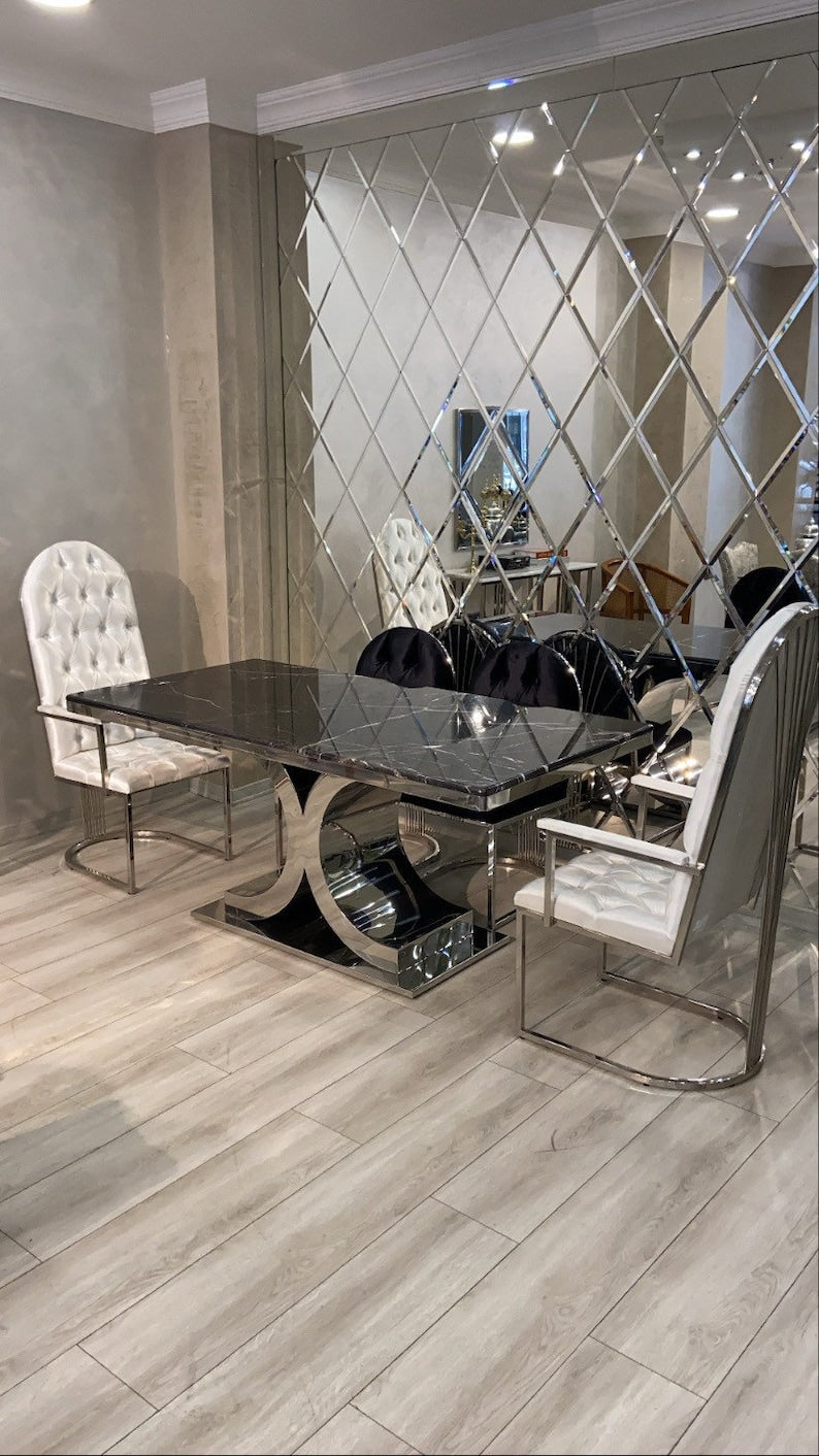 Stainless Steel Chrome Finish Design Black Marble Dining Table