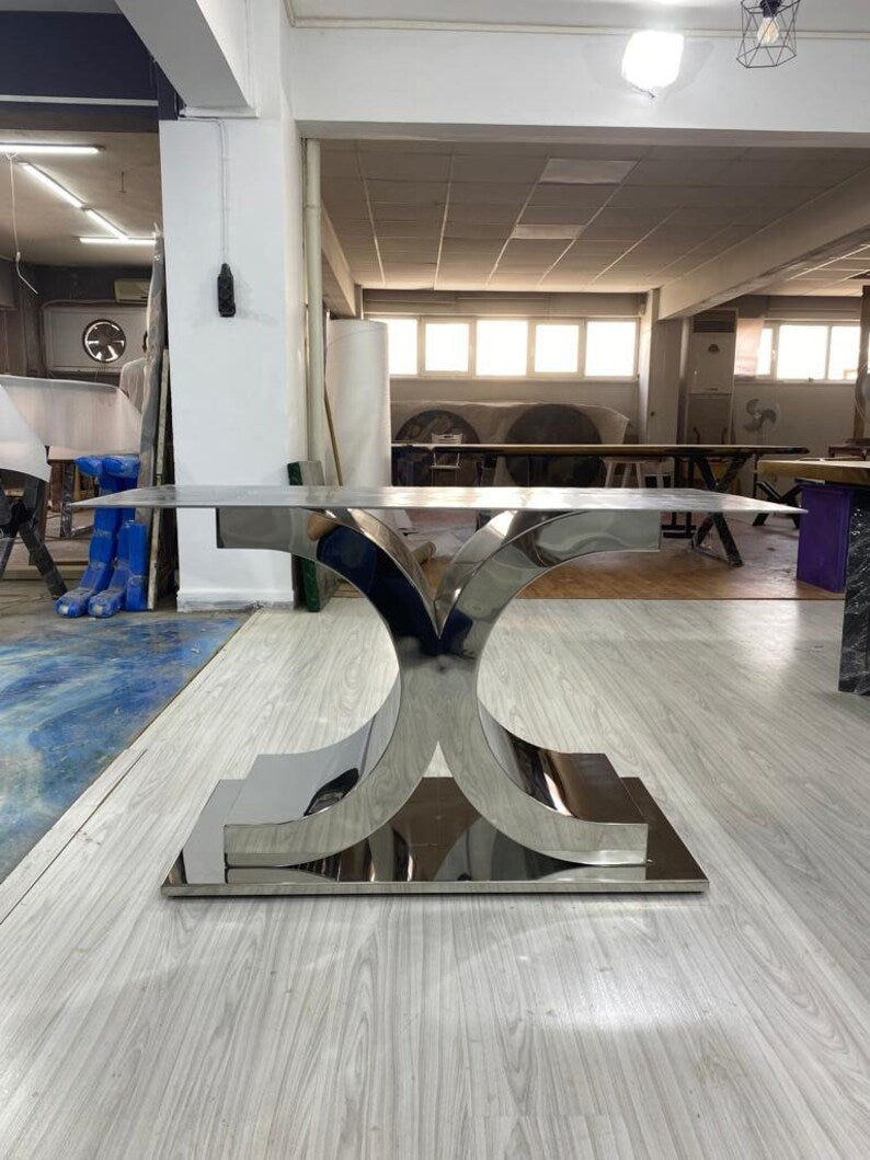 Stainless Steel Chrome Finish Design Black Marble Dining Table