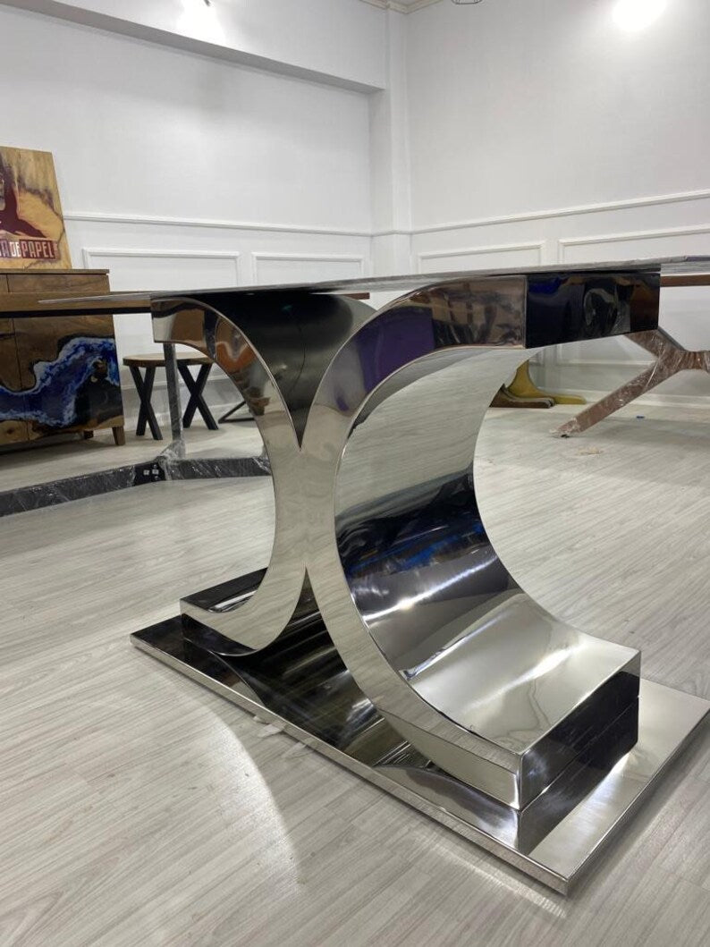 Stainless Steel Chrome Finish Design Black Marble Dining Table