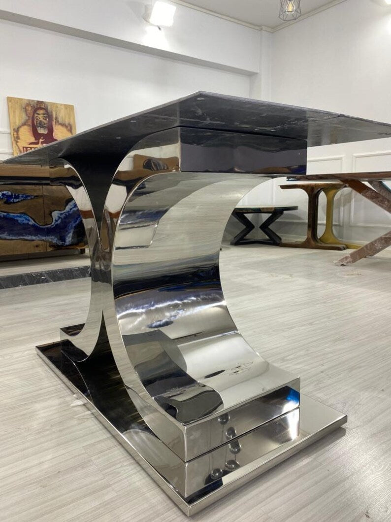 Stainless Steel Chrome Finish Design Black Marble Dining Table