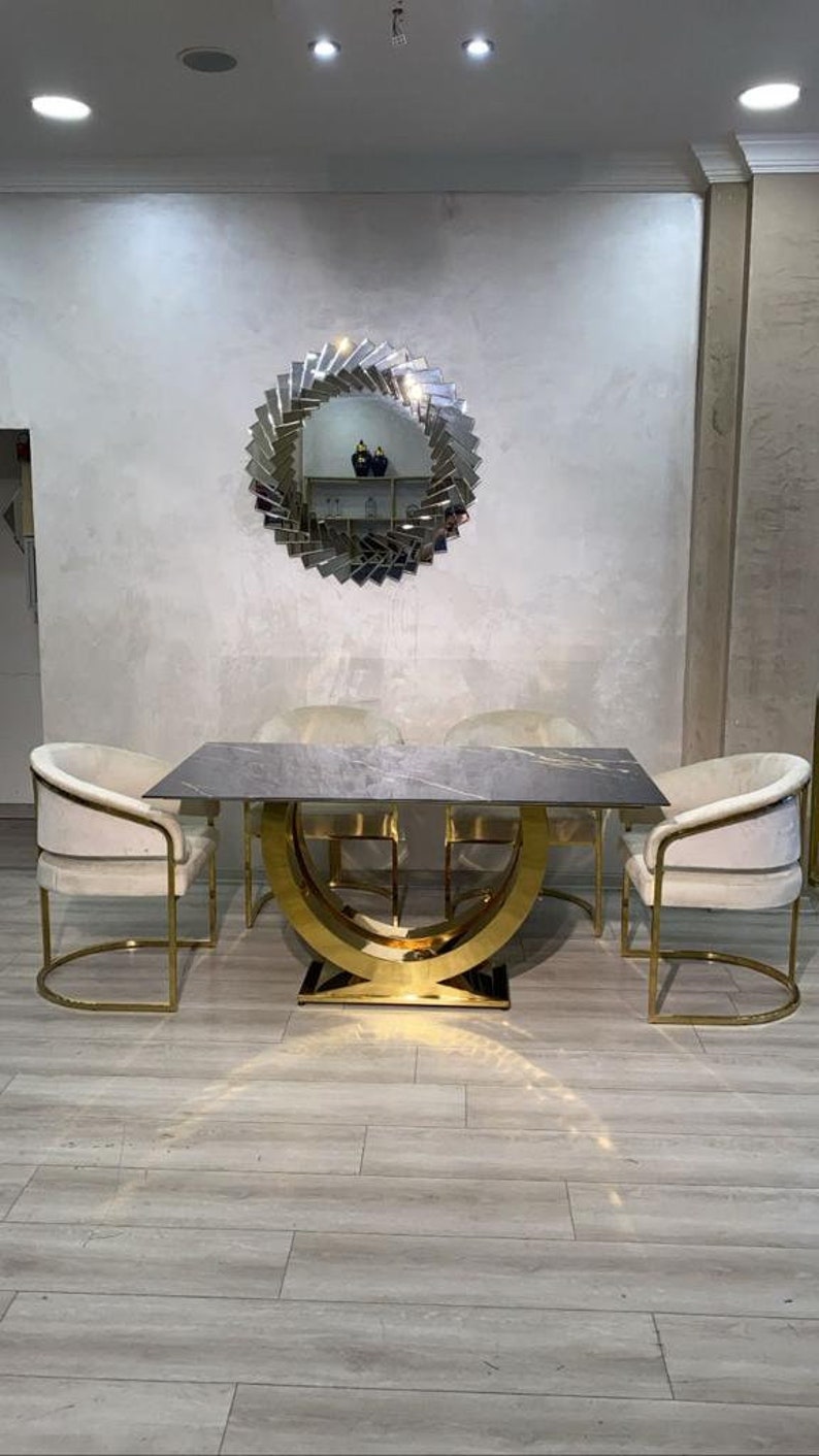 Stainless Steel U Shape Design Black Marble Dining Table