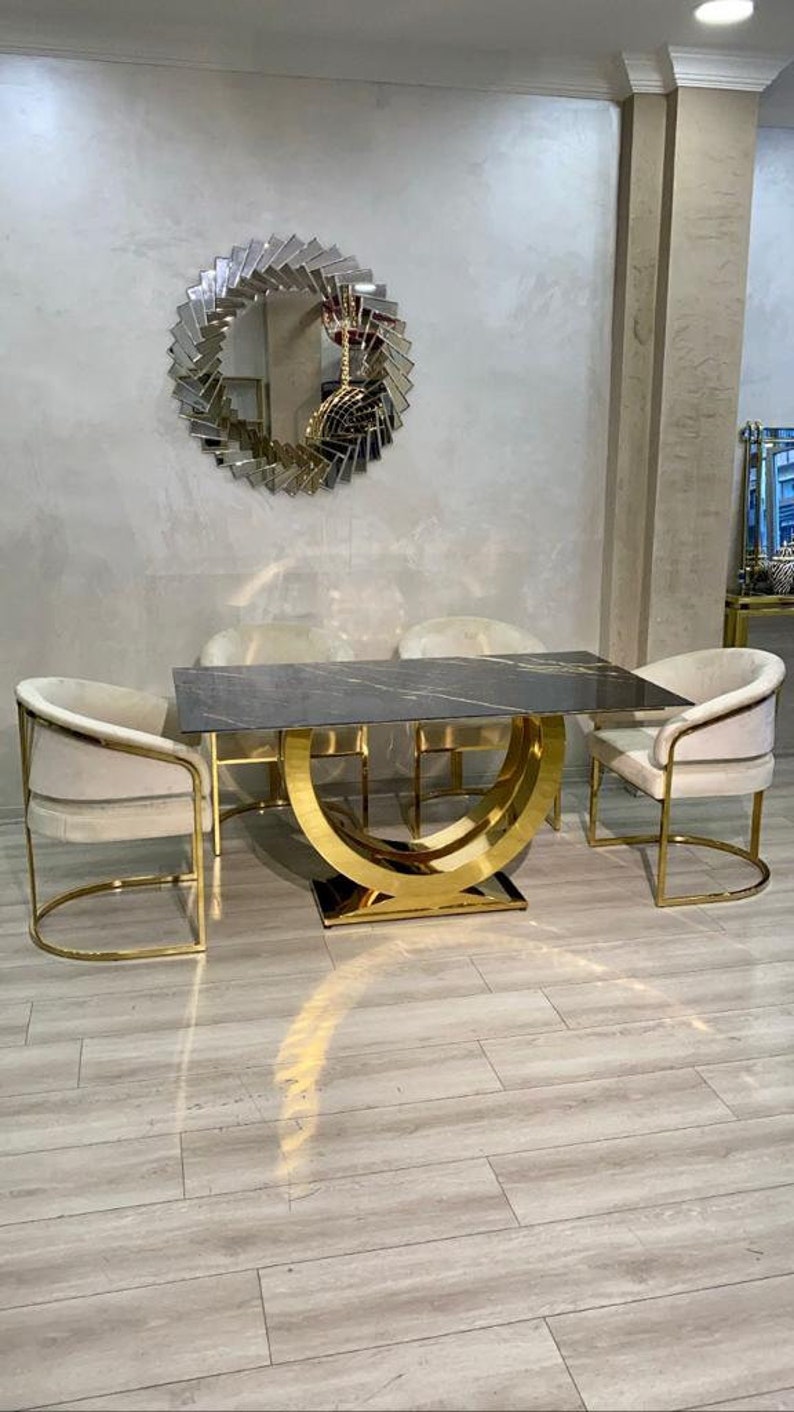 Stainless Steel U Shape Design Black Marble Dining Table