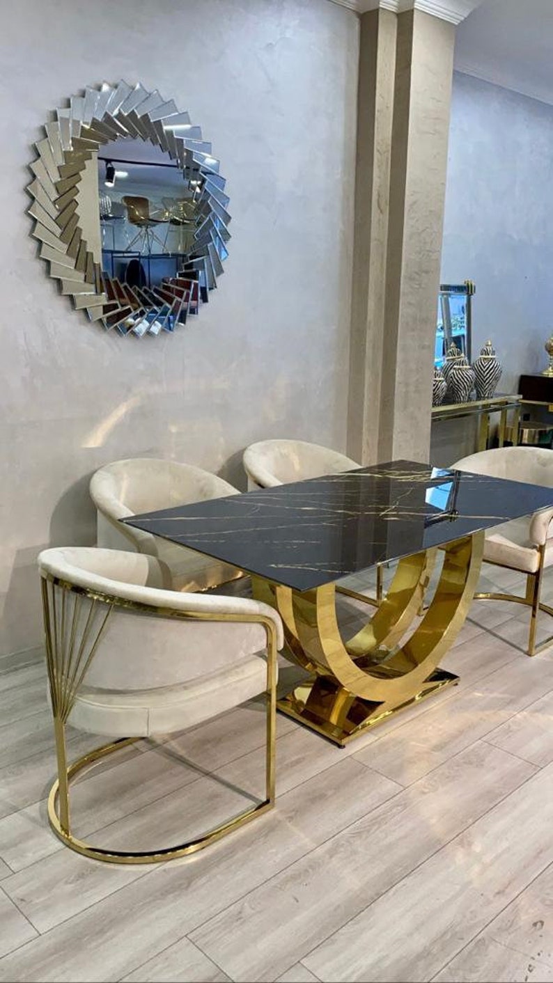 Stainless Steel U Shape Design Black Marble Dining Table