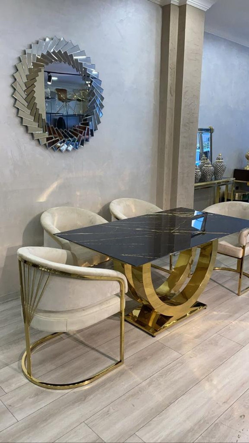 Stainless Steel U Shape Design Black Marble Dining Table
