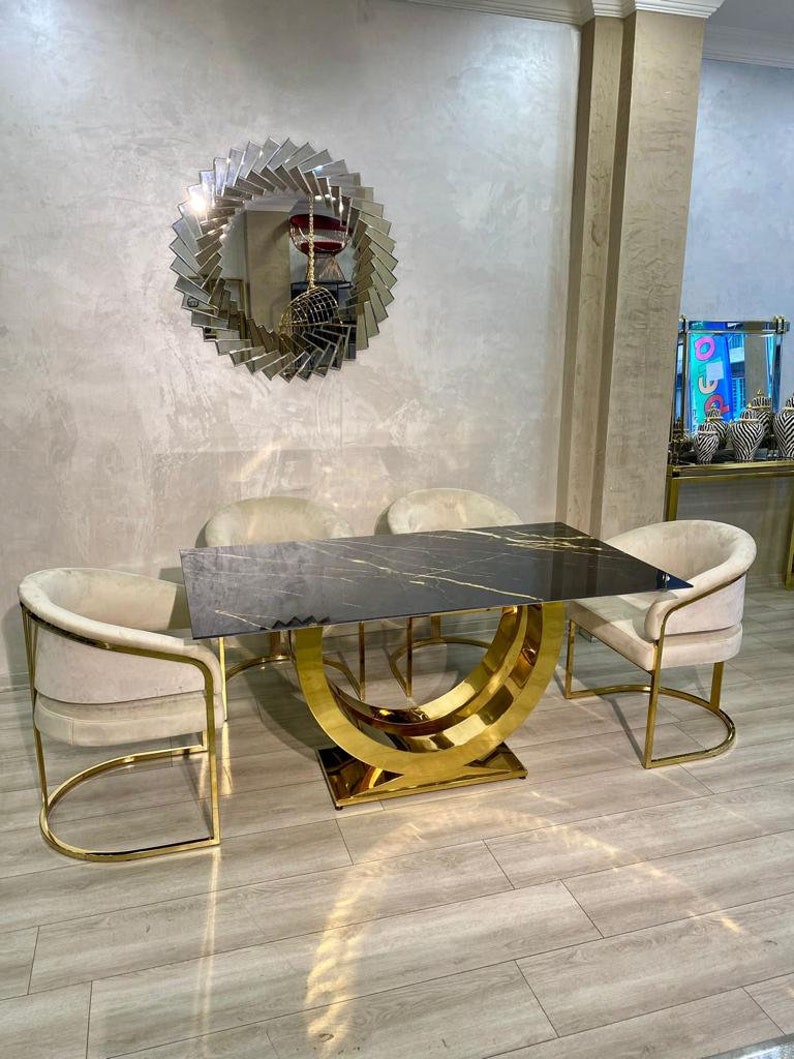 Stainless Steel U Shape Design Black Marble Dining Table