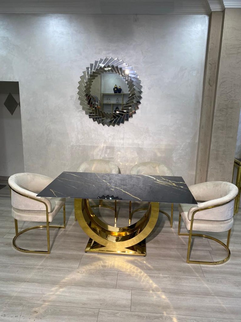 Stainless Steel U Shape Design Black Marble Dining Table