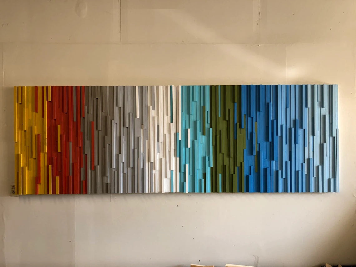 Modern Coastal Ombre Wall Art Plank Wood Mosaic Wall Decor