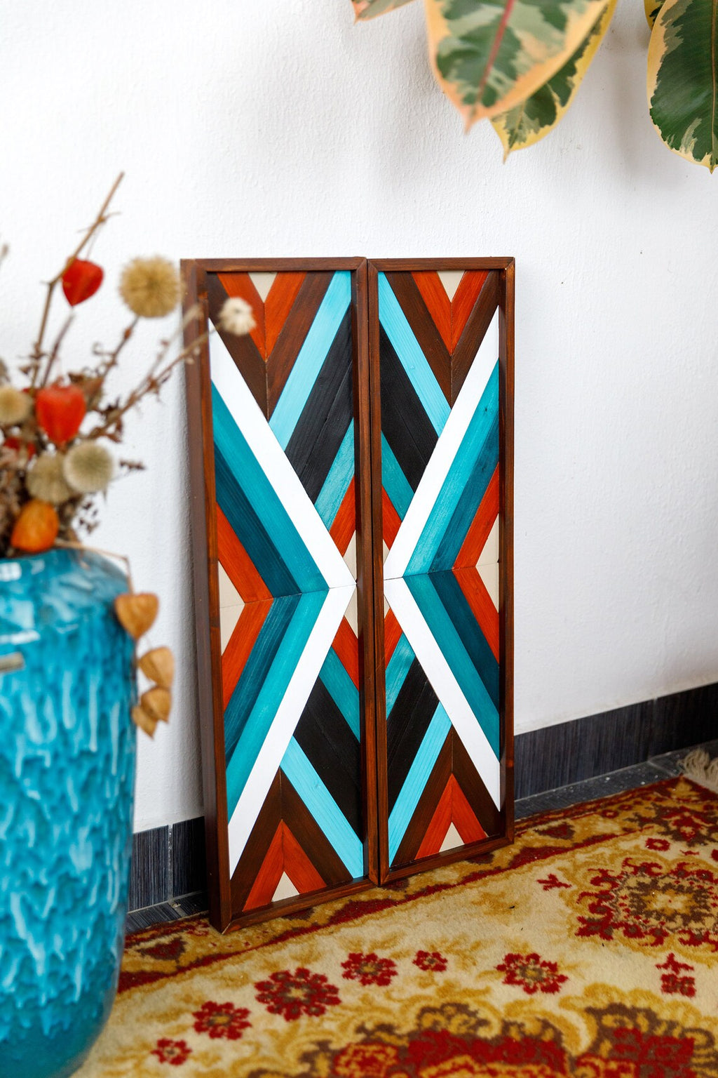Blue Eyes Modern Geometric Wood Mosaic Boho Art Set Of 2