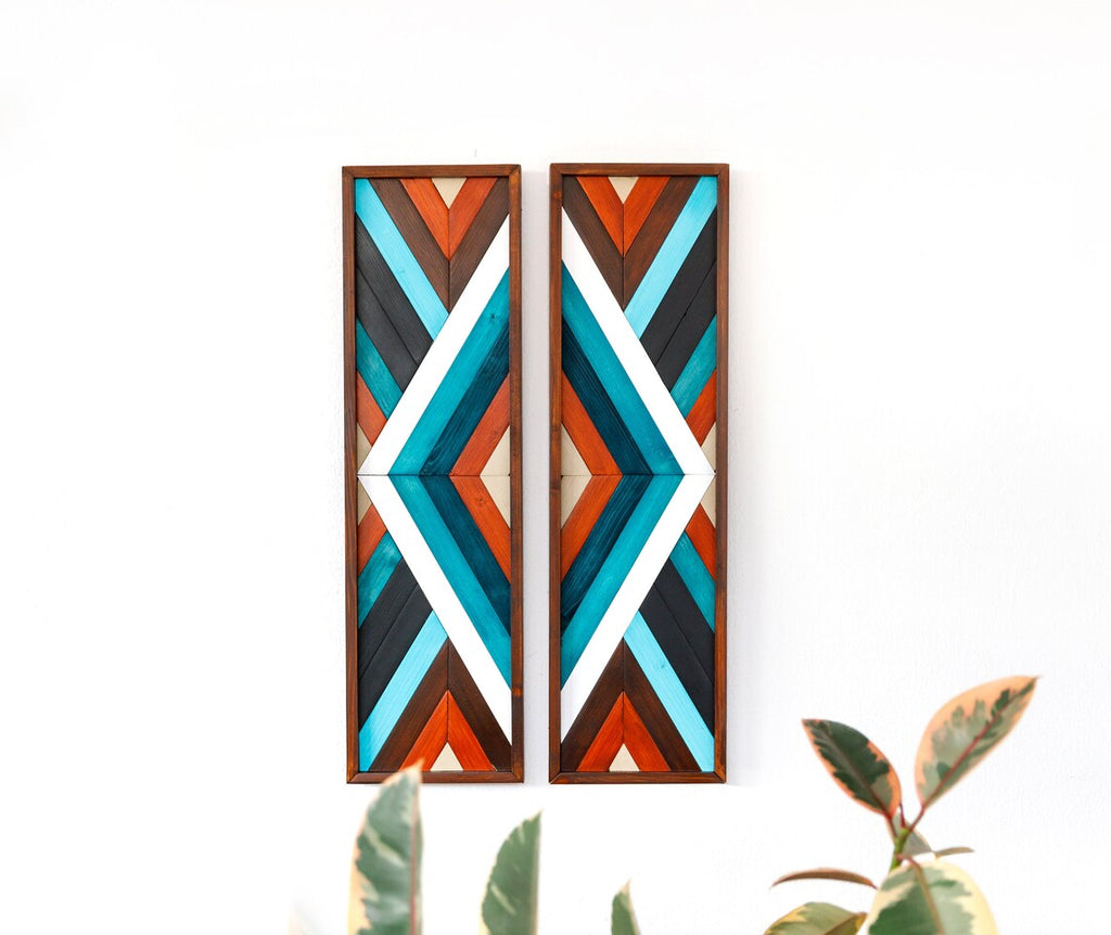 Blue Eyes Modern Geometric Wood Mosaic Boho Art Set Of 2