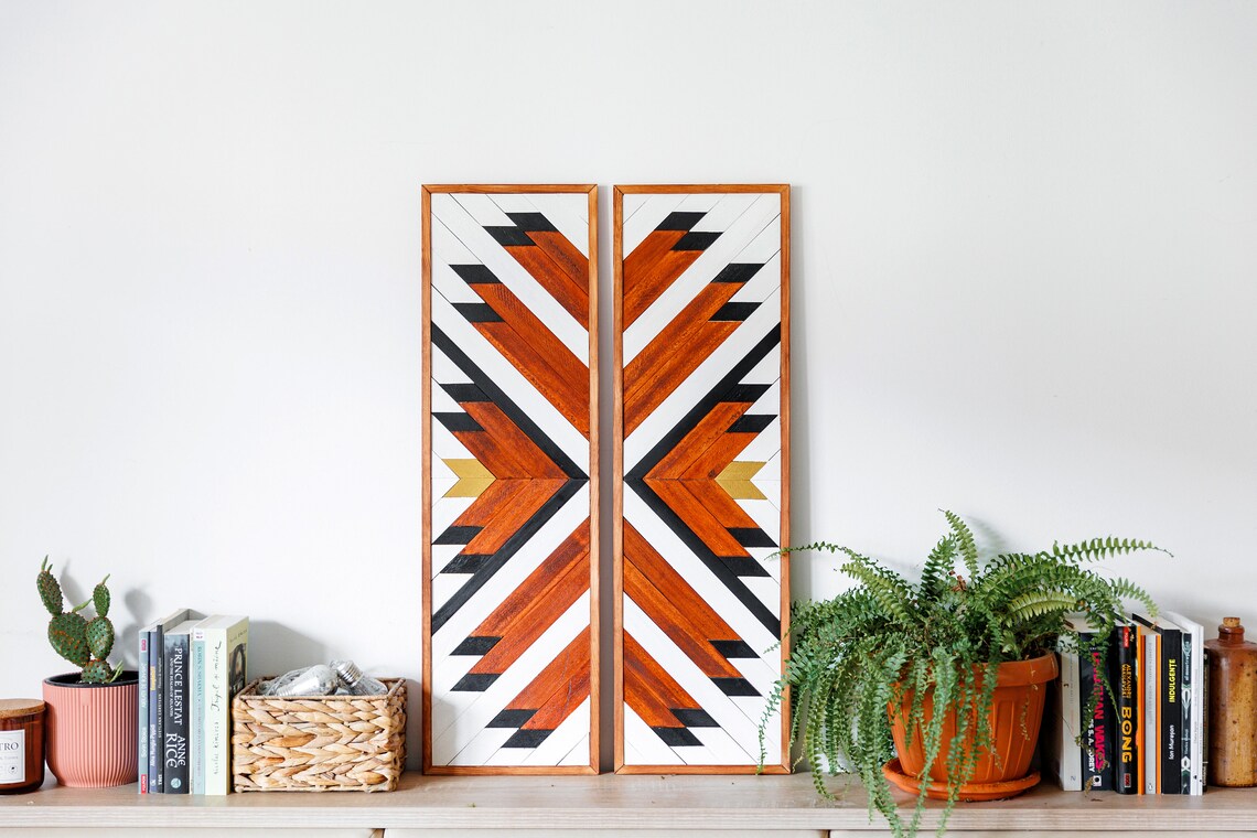 Modern Geometric Wood Mosaic Boho Art Set Of 2