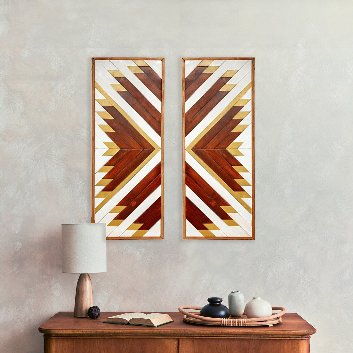 Sweet Butterfly Modern Geometric Wood Mosaic Boho Art Set Of 2