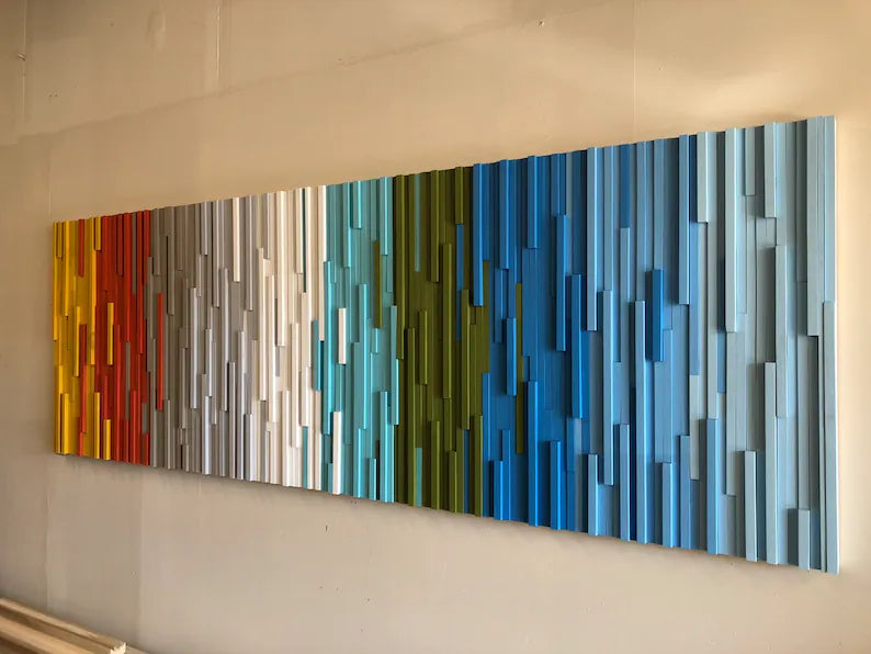 Modern Coastal Ombre Wall Art Plank Wood Mosaic Wall Decor