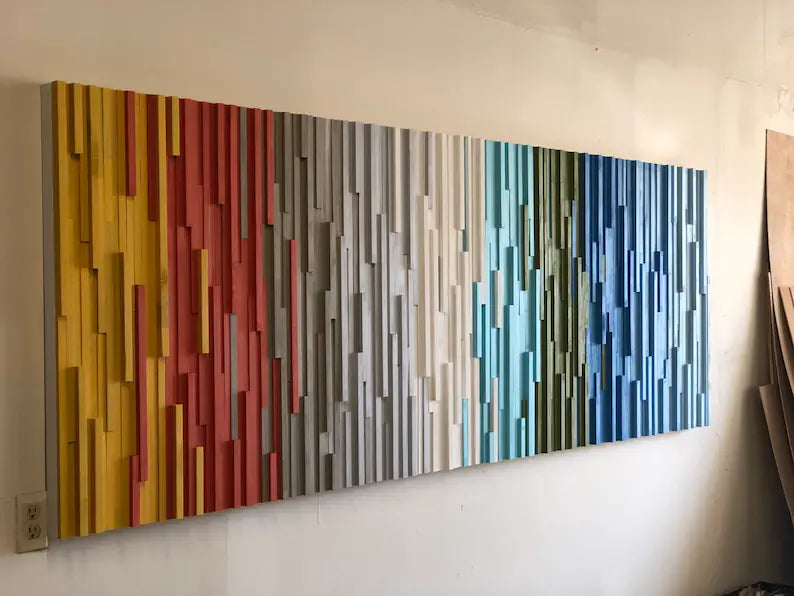 Modern Coastal Ombre Wall Art Plank Wood Mosaic Wall Decor