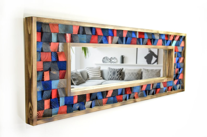 Blue and Red Handcrafted Reclaimed Mosaic Mirror  Wall Decor