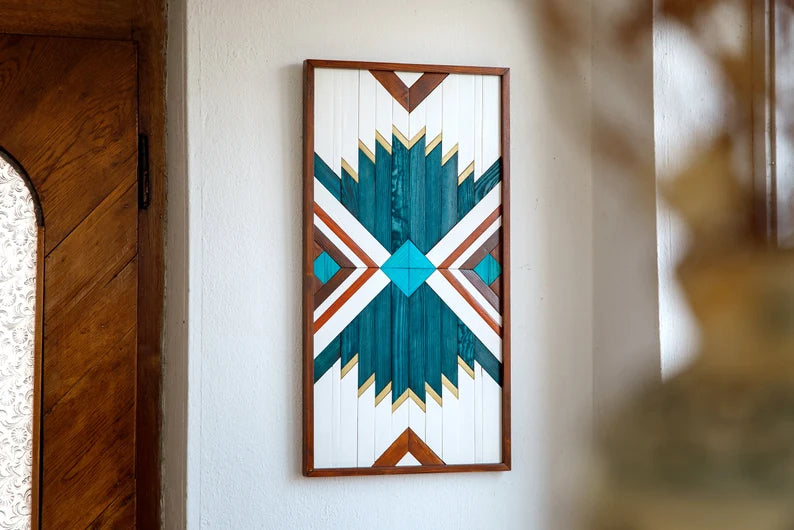 Peaceful Modern Geometric Wood Mosaic Boho Art