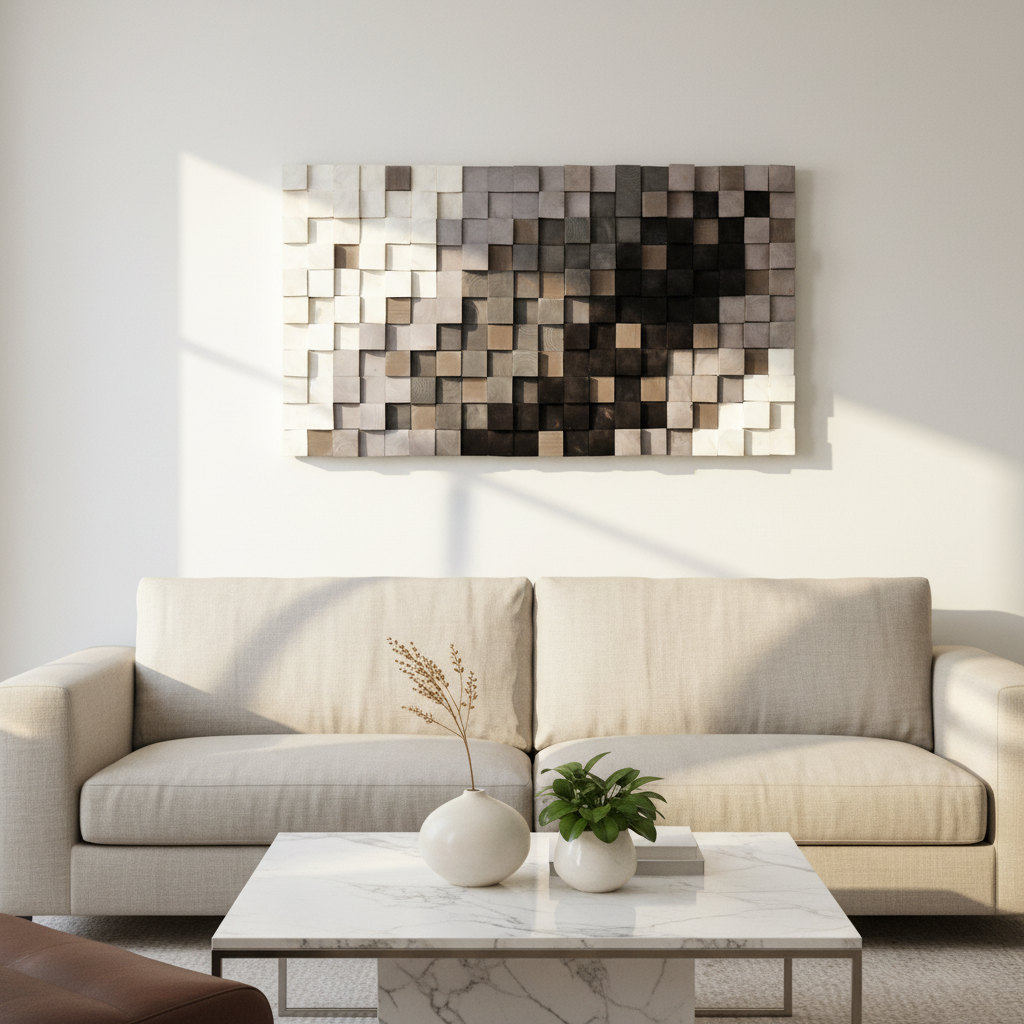 Modern Black White Silver Wood Mosaic Wall Decor