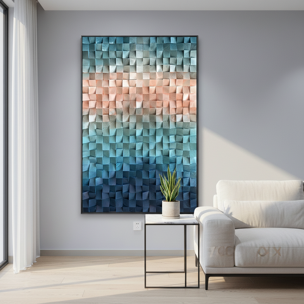 Shades Of Teal Blue And Coral Pink Wood Mosaic Wall Decor