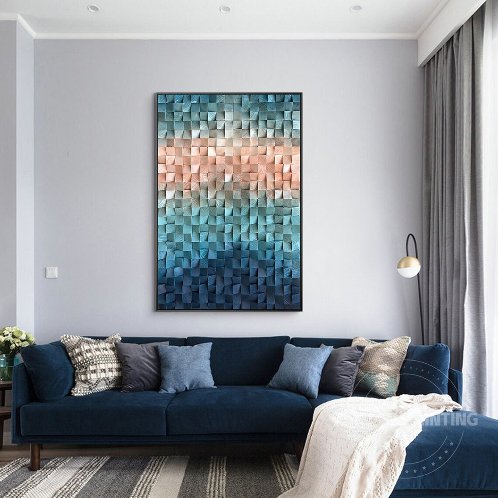 Shades Of Teal Blue And Coral Pink Wood Mosaic Wall Decor