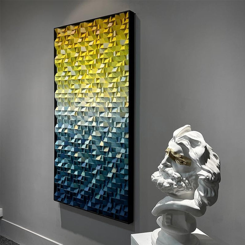 Blue and Yellow Ombre Art Geometric Wood Mosaic Wall Decor