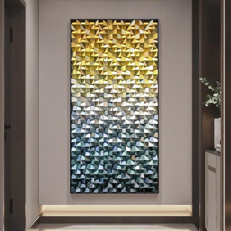 Blue and Yellow Ombre Art Geometric Wood Mosaic Wall Decor