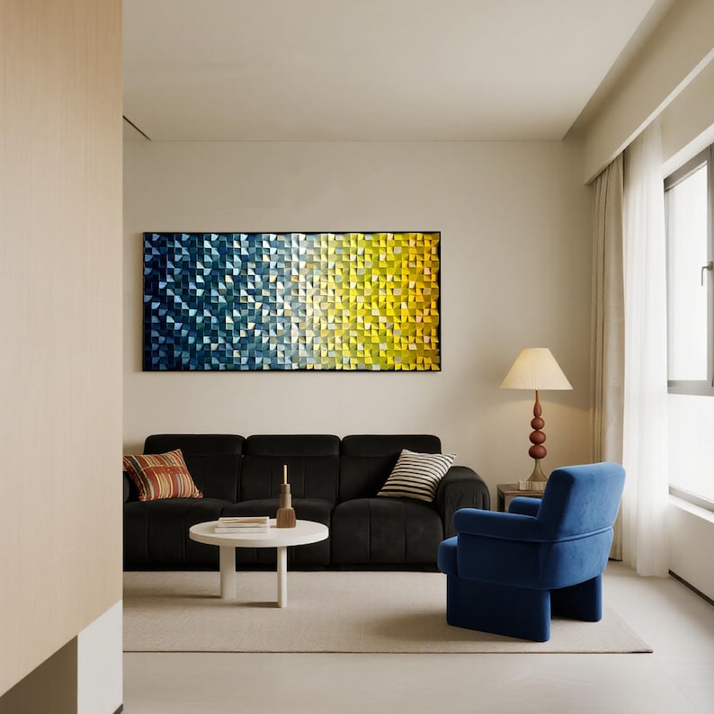 Blue and Yellow Ombre Art Geometric Wood Mosaic Wall Decor