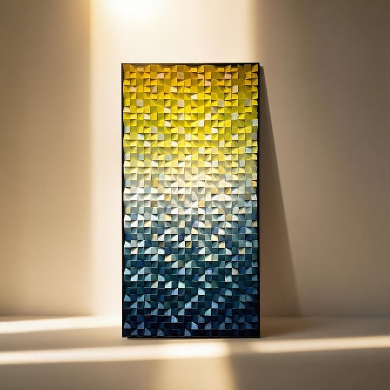 Blue and Yellow Ombre Art Geometric Wood Mosaic Wall Decor