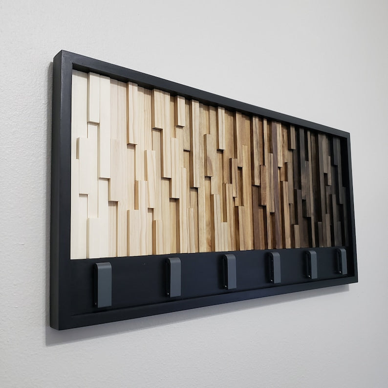 Timber Gradient With Hook Rack Plank Wood Mosaic Wall Decor