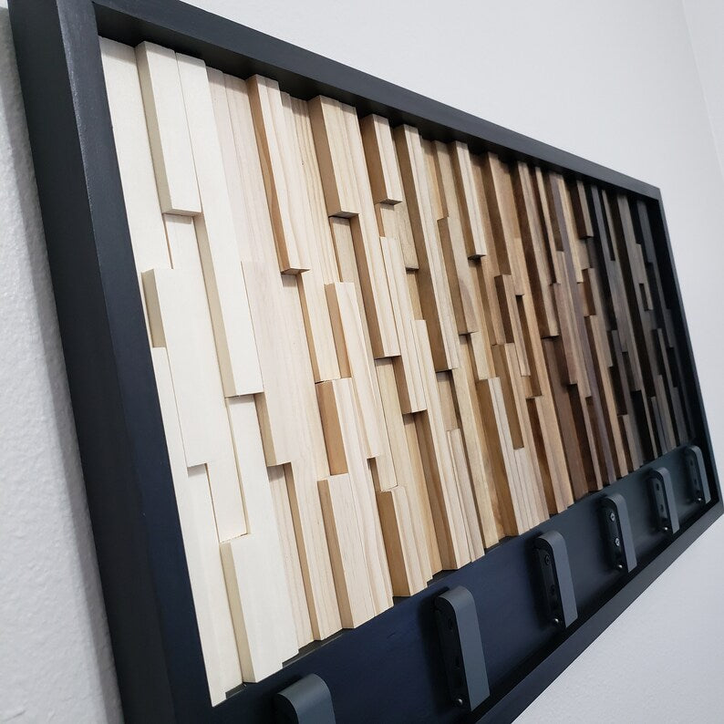 Timber Gradient With Hook Rack Plank Wood Mosaic Wall Decor