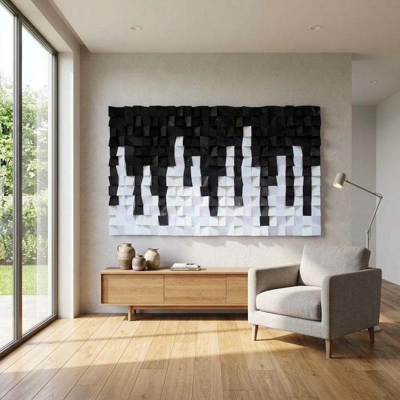 Black and White Wood Mosaic Wall Decor