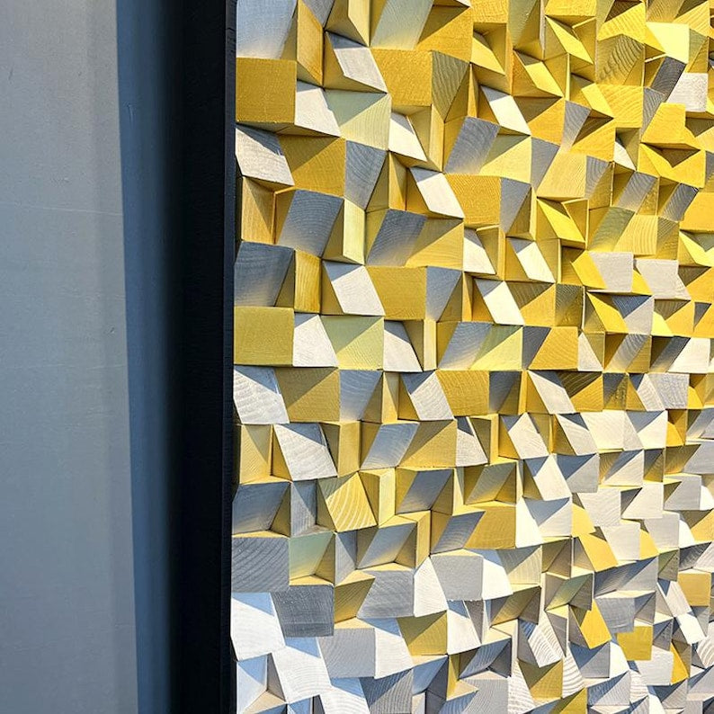 Blue and Yellow Ombre Art Geometric Wood Mosaic Wall Decor