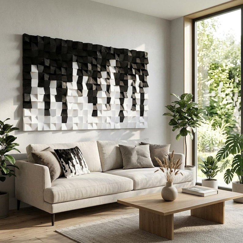 Black and White Wood Mosaic Wall Decor