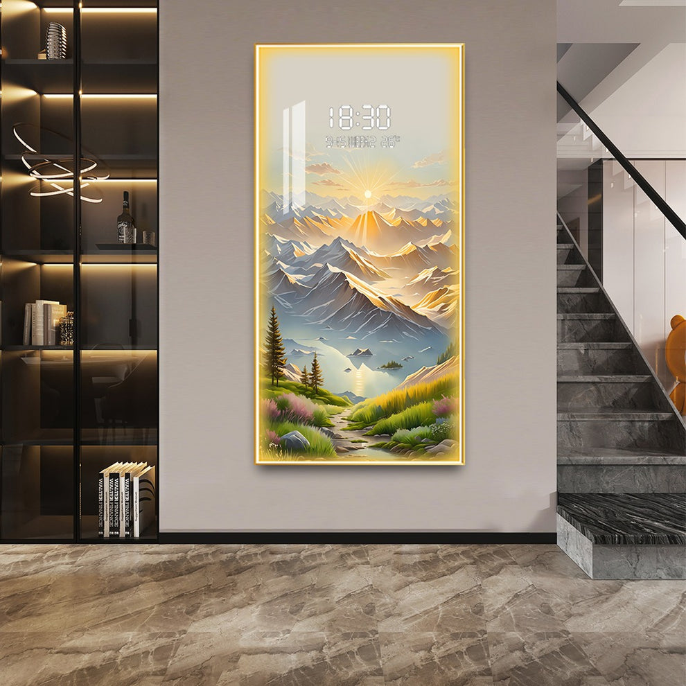 Mountain Range Crystal Painting With Digital Clock And Led